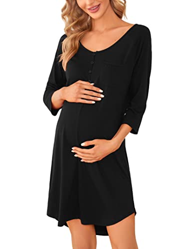 KOJOOIN Nachthemd Damen Stillnachthemd 3/4 Ärmel Geburt Nachtwäsche mit Knopfleiste für Schwangere Schwarz XL von KOJOOIN