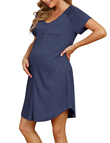 KOJOOIN Nachthemd Damen Stillnachthemd mit Knopfleiste Geburt Nachtwäsche Baumwolle Schlafanzug für Schwangere Dunkelblau(Kurzarm) L von KOJOOIN