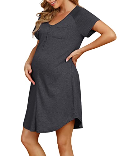 KOJOOIN Nachthemd Damen Stillnachthemd mit Knopfleiste Geburt Nachtwäsche Baumwolle Schlafanzug für Schwangere Dunkelgrau(Kurzarm) L von KOJOOIN