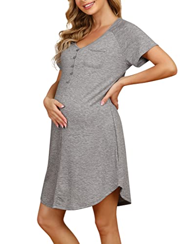 KOJOOIN Nachthemd Damen Stillnachthemd mit Knopfleiste Geburt Nachtwäsche Baumwolle Schlafanzug für Schwangere Hellgrau(Kurzarm) L von KOJOOIN