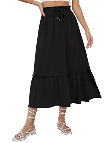 KOJOOIN Damen Rock Lang Elegant A-Linie Sommerrock Strandrock mit Hohe Elastische Taille Rockabilly Retro Röcke(Verpackung MEHRWEG) Schwarz S von KOJOOIN