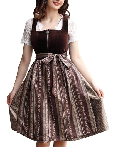 KOJOOIN Samt Dirndl für Damen Midi Trachtenkleid Set 3 teilig mit Trachtenrock Dirndlbluse Dirndlschürze für Oktoberfest Samt Braun 38 von KOJOOIN