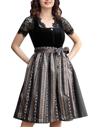 KOJOOIN Samt Dirndl für Damen Midi Trachtenkleid Set 3 teilig mit Trachtenrock Dirndlbluse Dirndlschürze für Oktoberfest Samt Schwarz 40 von KOJOOIN