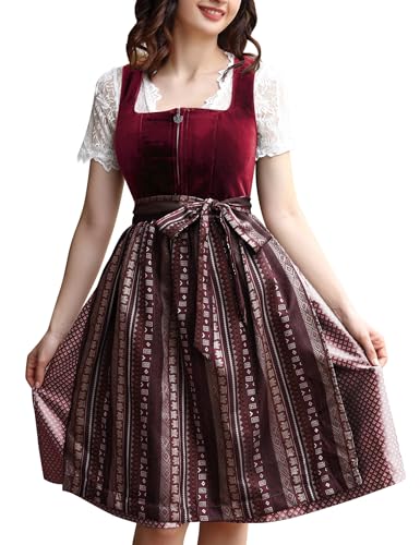 KOJOOIN Samt Dirndl für Damen Midi Trachtenkleid Set 3 teilig mit Trachtenrock Dirndlbluse Dirndlschürze für Oktoberfest Samt Weinrot 46 von KOJOOIN