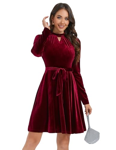KOJOOIN Samtkleid Damen Kurz Elegant Satin Cocktailkleid Langarm Rockabilly A-Linien Festlich Kleid mit Gürtel Weinrot XL von KOJOOIN