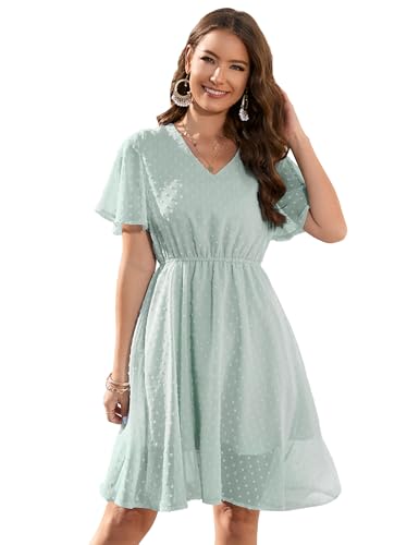 KOJOOIN Sommerkleid Damen Elegant Kleid Knielang Swiss Dot A-Linie Kurzarm V-Ausschnitt Strand Hochzeit Festlich Grün L von KOJOOIN