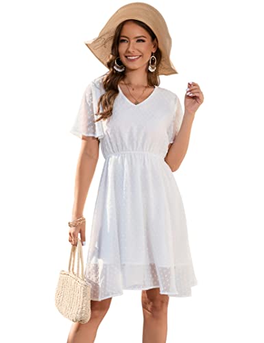 KOJOOIN Sommerkleid Damen Elegant Kleid Knielang Swiss Dot A-Linie Kurzarm V-Ausschnitt Strand Hochzeit Festlich Weiß 2XL von KOJOOIN