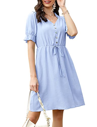 KOJOOIN Sommerkleid Damen Kurz Kleid V-Ausschnitt Casual Tunika Minikleid mit Kurzarm Blau M von KOJOOIN