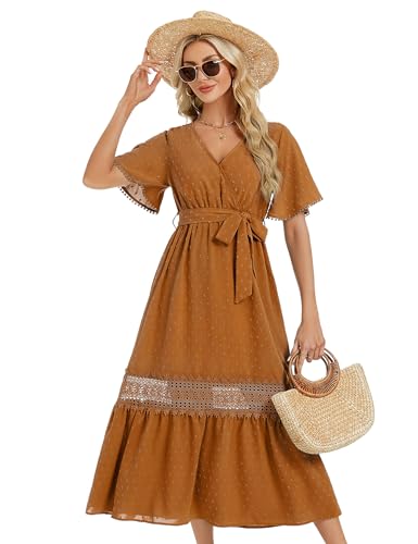 KOJOOIN Sommerkleid Damen Maxikleid mit Gürtel Kurzarm 2024 Sommerkleid Elegant Strandkleid V-Ausschnitt Gelb L von KOJOOIN