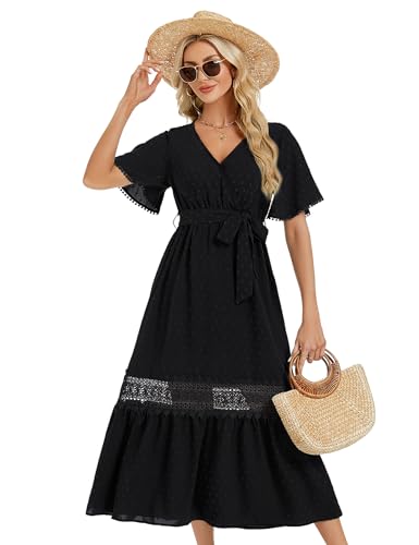 KOJOOIN Sommerkleid Damen Maxikleid mit Gürtel Kurzarm 2024 Sommerkleid Elegant Strandkleid V-Ausschnitt Schwarz L von KOJOOIN