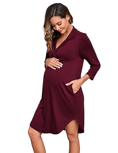 KOJOOIN Stillnachthemd Damen Nachthemd Geburt Nachtwäsche 3/4 Ärmel Umstandsnachthemd V-Ausschnitt Sleepwear mit Knöpfe Gestreift Schlafshirt mit Stillfunktion (Verpackung MEHRWEG), B-Weinrot, S von KOJOOIN
