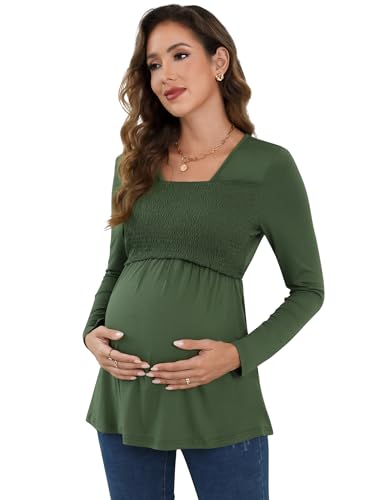 KOJOOIN Stillshirt Damen Langarm Schwangerschaftsshirt Umstandsshirt Oberteile Umstandstops Dunkelgrün XXL von KOJOOIN