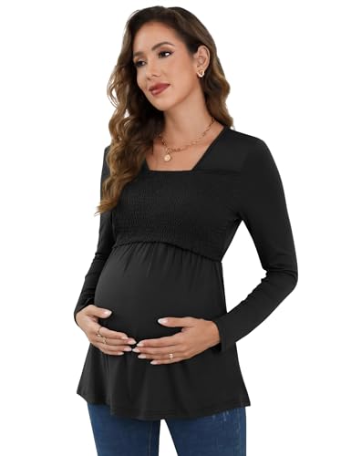 KOJOOIN Stillshirt Damen Langarm Schwangerschaftsshirt Umstandsshirt Oberteile Umstandstops Schwarz XXL von KOJOOIN