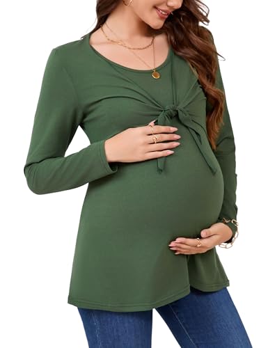 KOJOOIN Stillshirt Damen Schwangerschaftsshirt Langarm Umstandsshirt Oberteile Umstandstops Dunkelgrün XL von KOJOOIN