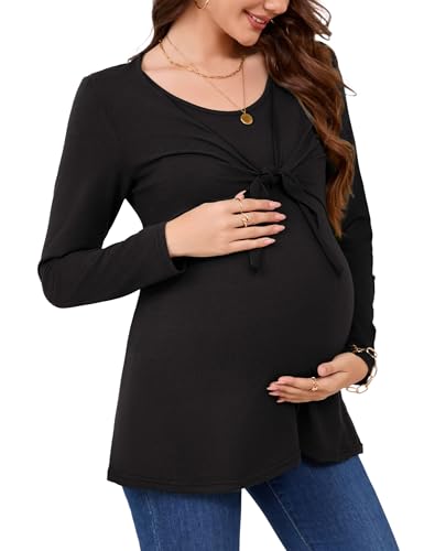 KOJOOIN Stillshirt Damen Schwangerschaftsshirt Langarm Umstandsshirt Oberteile Umstandstops Schwarz S von KOJOOIN