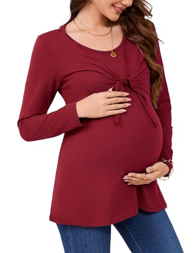 KOJOOIN Stillshirt Damen Schwangerschaftsshirt Langarm Umstandsshirt Oberteile Umstandstops Weinrot S von KOJOOIN