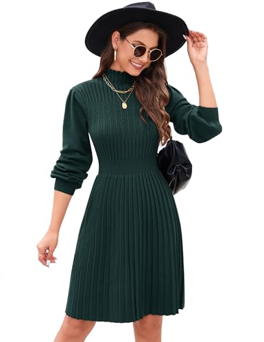 KOJOOIN Strickkleid Damen Elegant Rollkragen Pulloverkleid Langarm Tunika Kleid A Linien Minikleid Rundhals Pullikleid Dunkelgrün XXL von KOJOOIN