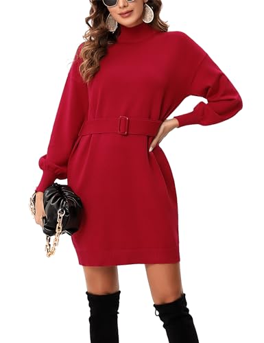KOJOOIN Strickkleid Damen Langarm Rollkragen Pulloverkleid Elegant Pullover Tunika Kleid mit Gürtel Rot XXL von KOJOOIN