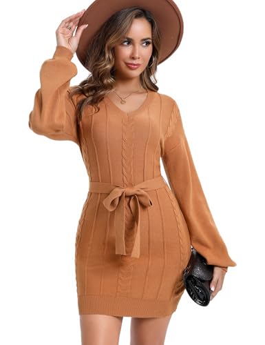 KOJOOIN Strickkleid Damen Pullikleid V Ausschnitt Langarm Zopfmuster Herbst Winter Grobstrick Pulloverkleid Knit Sweater Minikleid Mit Gürtel Khaki XL von KOJOOIN