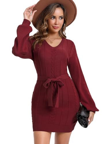 KOJOOIN Strickkleid Damen Pullikleid V Ausschnitt Langarm Zopfmuster Herbst Winter Grobstrick Pulloverkleid Knit Sweater Minikleid Mit Gürtel Weinrot M von KOJOOIN