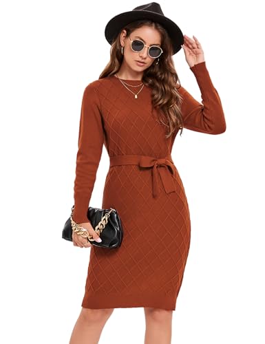 KOJOOIN Strickkleid Damen Pulloverkleid Elegant Zopfmuster Langarm Tunika Kleid Strickpullover A Linien Minikleid Rundhals Pullikleid Gelb XXL von KOJOOIN