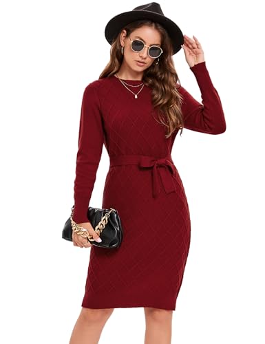 KOJOOIN Strickkleid Damen Pulloverkleid Elegant Zopfmuster Langarm Tunika Kleid Strickpullover A Linien Minikleid Rundhals Pullikleid Weinrot L von KOJOOIN
