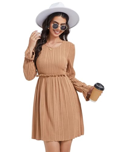 KOJOOIN Strickkleid Damen Rundhals Casual Midi Winterkleid Elegant Pulloverkleid A-Linie Pullikleid Braun XL von KOJOOIN