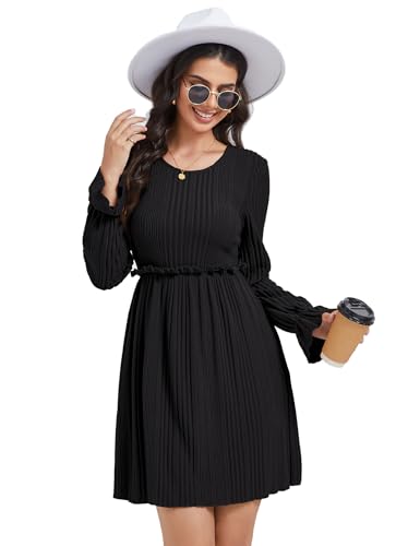 KOJOOIN Strickkleid Damen Rundhals Casual Midi Winterkleid Elegant Pulloverkleid A-Linie Pullikleid Schwarz XXL von KOJOOIN