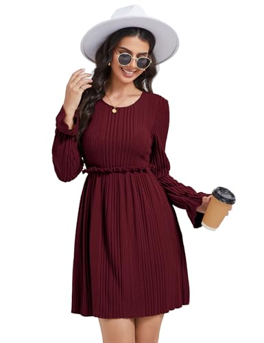 KOJOOIN Strickkleid Damen Rundhals Casual Midi Winterkleid Elegant Pulloverkleid A-Linie Pullikleid Weinrot S von KOJOOIN