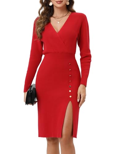 KOJOOIN Strickkleid Damen V Ausschnitt Langarm Pulloverkleid Elegant Wickelkleid Tunika Knielang Partykleid für Herbst Winter Weinrot L von KOJOOIN