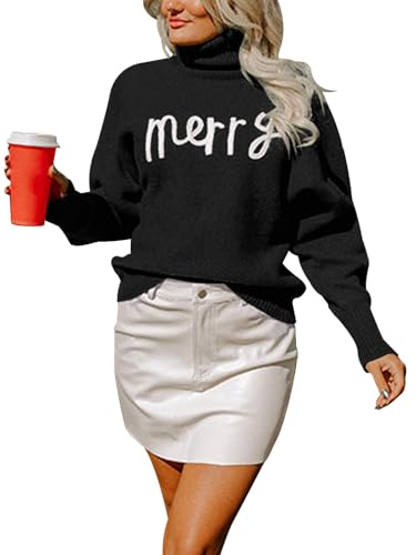 KOJOOIN Strickpullover Damen Winter Casual Langarm Elegant Rollkragenpullover Stricken Pulli Sweatshirt Weihnachtspullover Merry Christmas Schwarz M von KOJOOIN