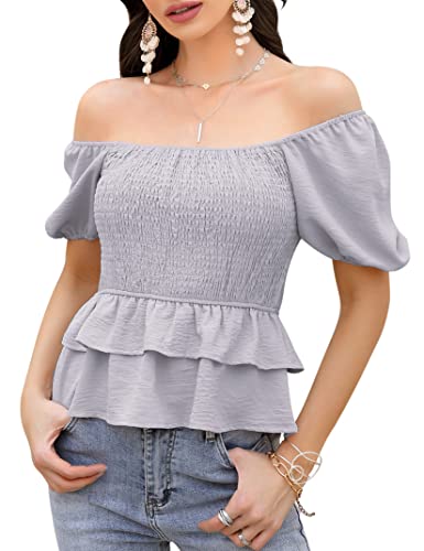 KOJOOIN T-Shirt Damen Sommer Oberteile Kurzarm gesmokes rüschenes Tunika Elegant Eckigem Ausschnitt Bluse schulterfrei Casual Top (Verpackung MEHRWEG) Graublau S von KOJOOIN