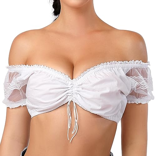 KOJOOIN Trachten Damen Dirndlbluse - Kurzarm/Halbarm Bluse für Oktoberfest 100% Baumwolle - (Schulterfrei + Spitze S) von KOJOOIN