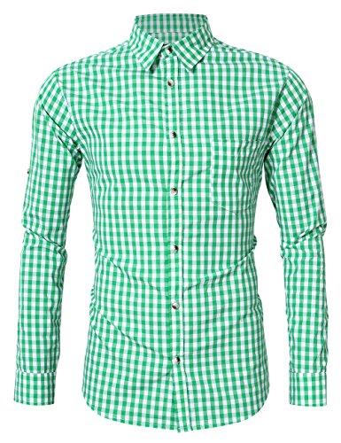 KOJOOIN Trachtenhemd Slim Fit Herren Kariert Hemd Freizeithemd Langarmhemd Hemd Bestickt Baumwolle, für Oktoberfest, Karneval, Business, Freizeit Grün-Upgrade S von KOJOOIN