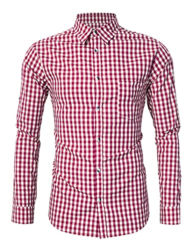 KOJOOIN Trachtenhemd Slim Fit Herren Kariert Hemd Freizeithemd Langarmhemd Hemd Bestickt Baumwolle, für Oktoberfest, Karneval, Business, Freizeit Rot-Upgrade M von KOJOOIN