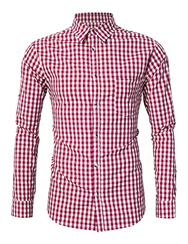 KOJOOIN Trachtenhemd Slim fit Herren kariert Hemd Freizeithemd Langarmhemd Hemd Bestickt Baumwolle - für Oktoberfest, Karneval, Business, Freizeit Rot-2021 XXL von KOJOOIN