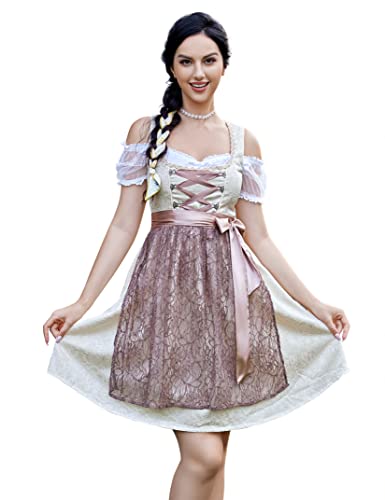 KOJOOIN Trachtenkleid Damen Dirndl Kurz mit Stickerei Exklusives Designer für Oktoberfest-DREI Teilig: Kleid, Bluse, Schürze Aprikose Blumen08 34 von KOJOOIN