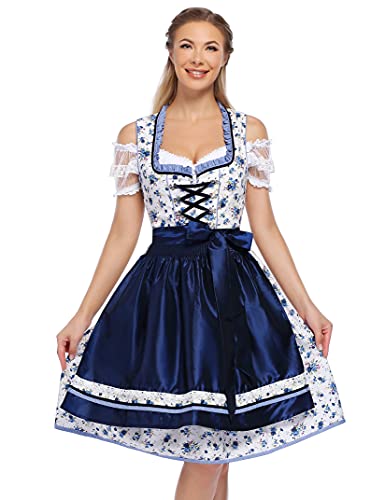 KOJOOIN Trachtenkleid Damen Dirndl Kurz mit Stickerei Exklusives Designer für Oktoberfest - DREI Teilig: Kleid, Bluse, Schürze Dunkelblau Blumen 34 von KOJOOIN