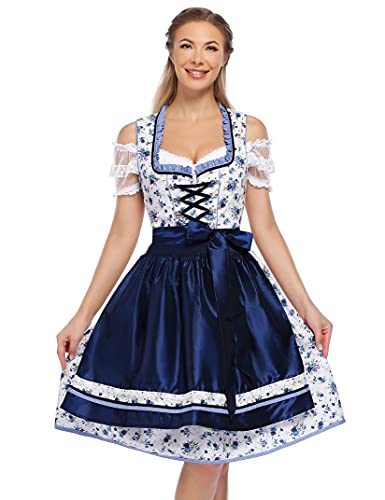 KOJOOIN Trachtenkleid Damen Dirndl Kurz mit Stickerei Exklusives Designer für Oktoberfest - DREI Teilig: Kleid, Bluse, Schürze Dunkelblau Blumen 38 von KOJOOIN