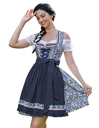 KOJOOIN Trachtenkleid Damen Dirndl Kurz mit Stickerei Exklusives Designer für Oktoberfest - Drei Teilig: Kleid, Bluse, Schürze Dunkelblau-Blumen 38 von KOJOOIN