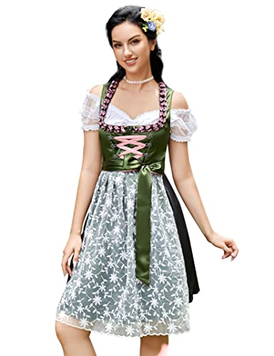 KOJOOIN Trachtenkleid Damen Dirndl Kurz mit Stickerei Exklusives Designer für Oktoberfest-DREI Teilig: Kleid, Bluse, Schürze Dunkelgrün Blumen09 36 von KOJOOIN