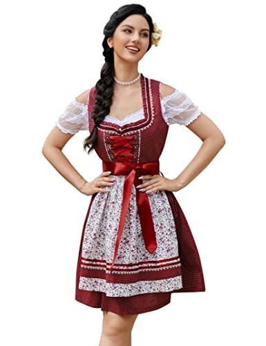 KOJOOIN Trachtenkleid Damen Dirndl - Midi Trachtenkleid kleid für Oktoberfest - Drei Teilig: Kleid, Bluse, Schürze Burgundy-Blumen 38 von KOJOOIN