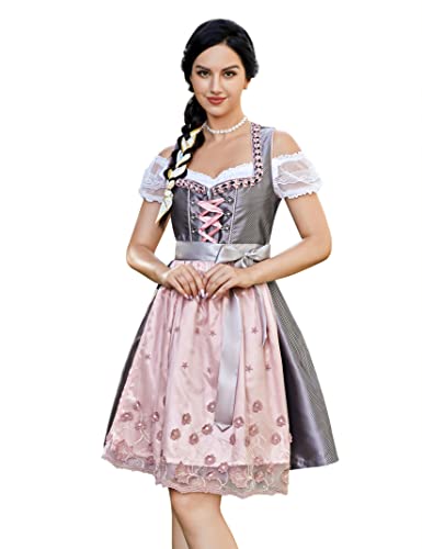 KOJOOIN Trachtenkleid Damen Dirndl - Midi Trachtenkleid kleid für Oktoberfest - Drei Teilig: Kleid, Bluse, Schürze Grau-Pink 36 von KOJOOIN