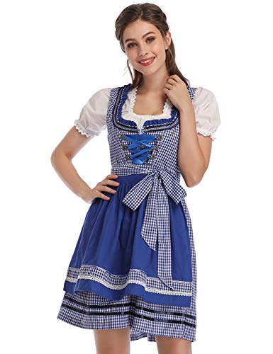 KOJOOIN Trachtenkleid Damen Dirndl - Midi Trachtenkleid kleid für Oktoberfest - Drei Teilig: Kleid, Bluse, Schürze Königsblau 38/L von KOJOOIN