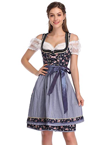 KOJOOIN Trachtenkleid Damen Dirndl Trachtenkleid Kurz mit Stickerei Exklusives Designer für Oktoberfest - DREI Teilig: Kleid, Bluse, Schürze Blumen-Dunkelblau 42 von KOJOOIN
