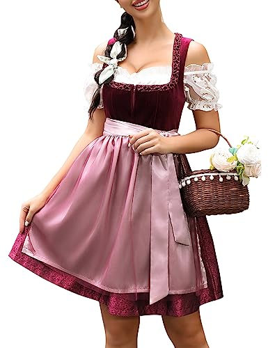 KOJOOIN Trachtenkleid Damen Midi Dirndl Kurz mit Stickerei Exklusives Designer für Oktoberfest-Drei Teilig: Kleid, Bluse, Schürze Weinrot Samt 40 von KOJOOIN