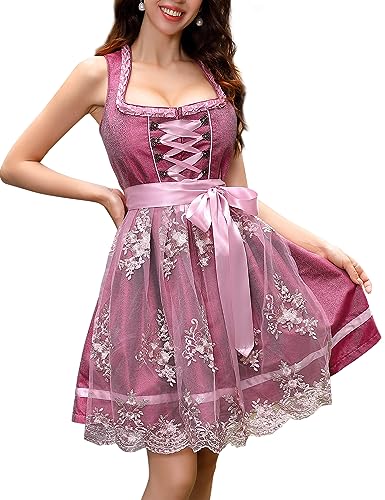 KOJOOIN Trachtenkleid Dirndl Kurz Damen Mid Dirndl mit Spitzenschürze 2tlg. für Oktoberfest A-Weinrot(2tlg.) 38 von KOJOOIN