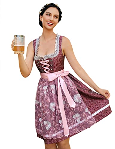 KOJOOIN Trachtenkleid Dirndl Kurz Damen Mid Dirndl mit Spitzenschürze 2tlg. für Oktoberfest C-Rot(2tlg.) 34 von KOJOOIN