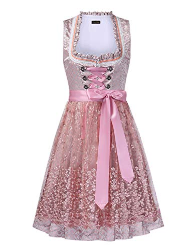 KOJOOIN Trachtenkleid Dirndl Kurz Damen Mid mit Spitzenschürze 2tlg. für Oktoberfest A-Rosa(2tlg.) 38 von KOJOOIN