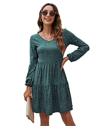 KOJOOIN Tunika Kleid Boho Bohemian Kleid Vintage Kleid Lose Casual Swing Kleid mit Gerafft Schmeichelhaft A-Grün Dot XL von KOJOOIN